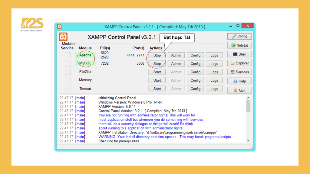 Giao diện màn hình điều khiển của XAMPP Lập trình web với PHP