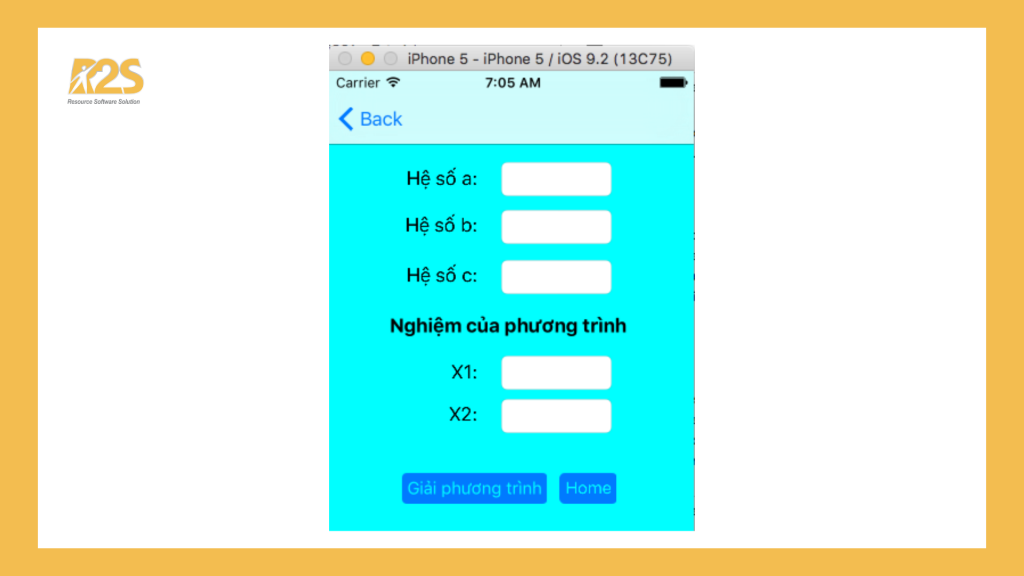 Thiết kế giao diện cho chương trình giải phương trình bậc hai ax2 + bx + c = 0.